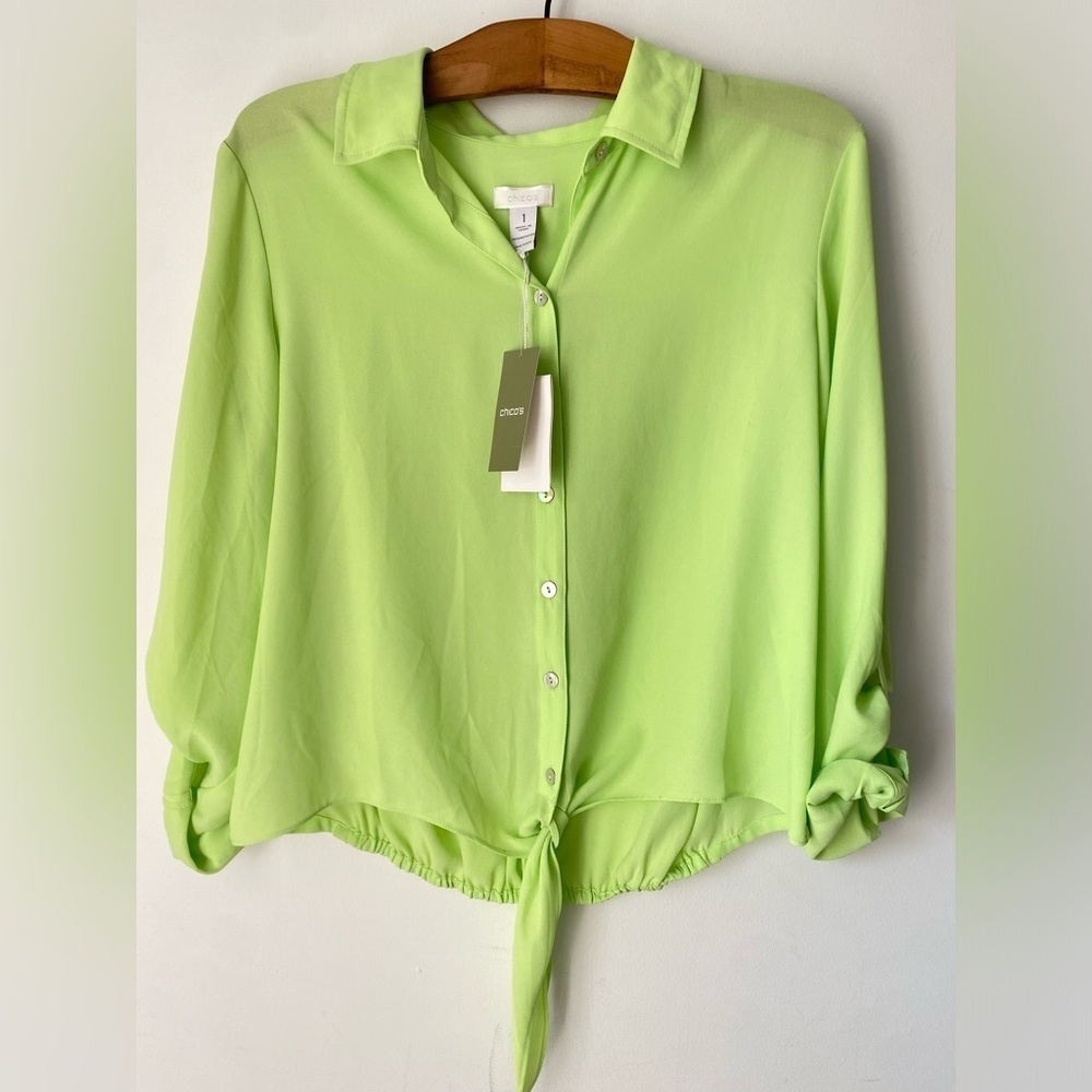 Chico’s Top Women’s 1 Lime Green Tie-Front Tessa Blouse